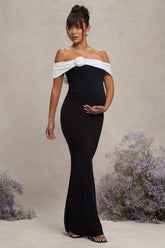 Black & White Bardot Maternity Maxi Dress With Flower